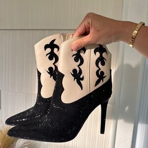 INC International Concepts Black and Cream Heeled Boots with Stiletto Elegance